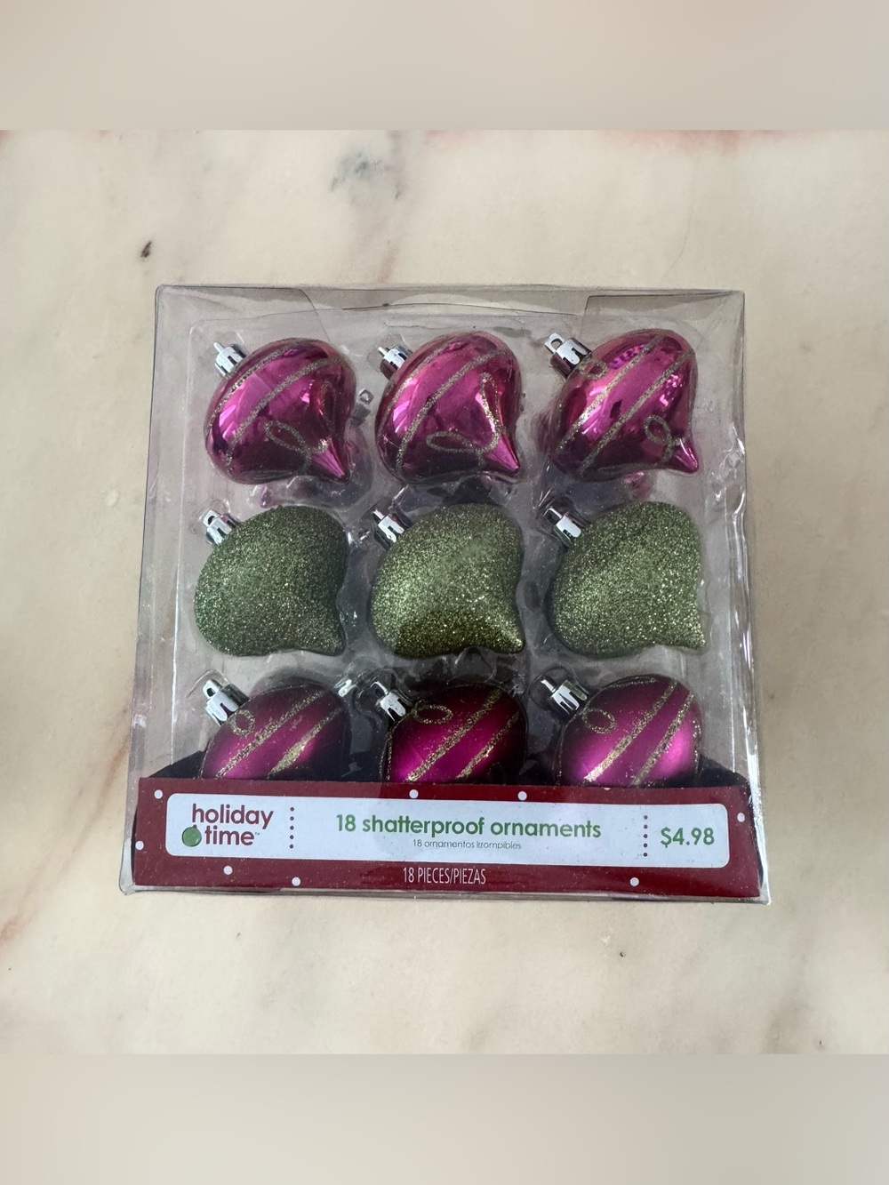 Holiday Time Pink and Green Glitter Shatterproof Ornament Set
